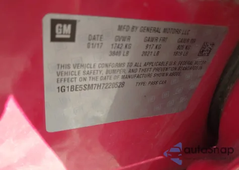 2017 Chevrolet Cruze Lt Auto z USA, uszkodzony, nr VIN 1G1BE5SM7H7220528